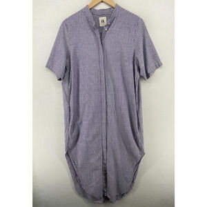 AISH Dress M Stripe Shirt Midi Band Collar Button Front Short Sleeve Cotton Blue